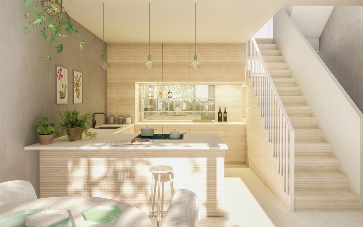 De woonkeuken en trap vormen een mooi geheel van lichte materialen. Een project in Delft van binnenhuisarchitect, interieurarchitect Bergblick.