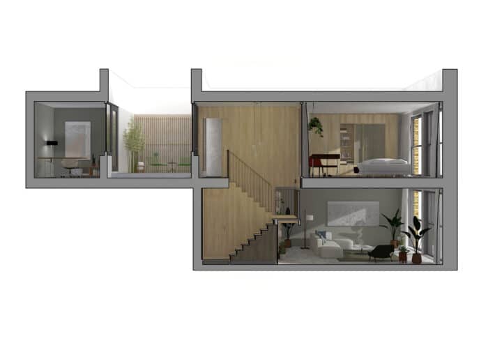 De interieurarchitect Bergblick. De Maasbode Topfloor 3D overzicht.