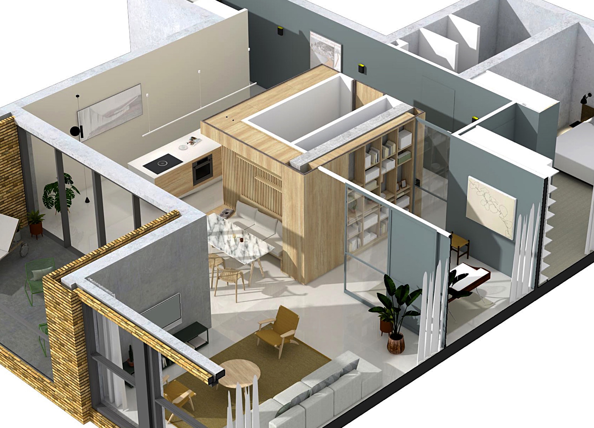 Centraal in het Maasbode Uptown appartement staat een houten kern met keuken, zithoek en kasten. Een project in Rotterdam van binnenhuisarchitect, interieurarchitect Bergblick.