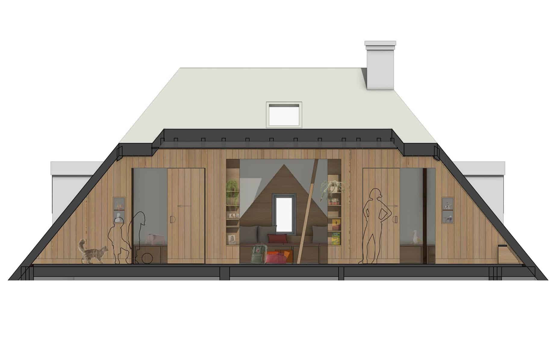 Bij de renovatie van het jaren 30 huis is de indeling speels en helemaal van hout.