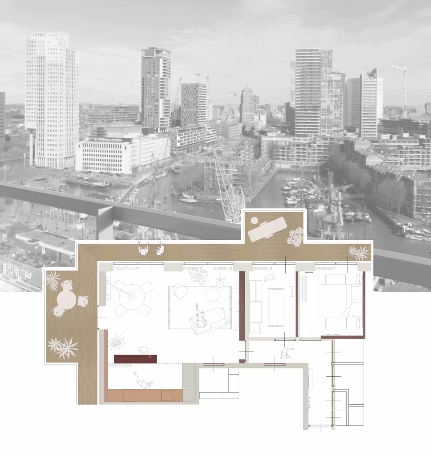 Het burgundy appartement biedt uitzicht over heel Waterstad.